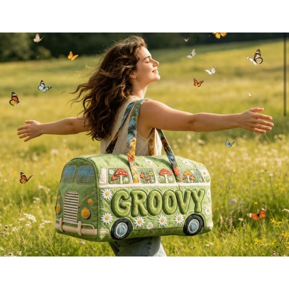NEW Groovy Retro Camper Van Quilted Weekender Duffle Bag Daisy Mushroom Boho